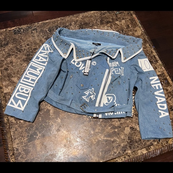 For Her NYC Belted Off-shoulder Studded Denim/Leopard Print Jacket Size 2X - Picture 10 of 15